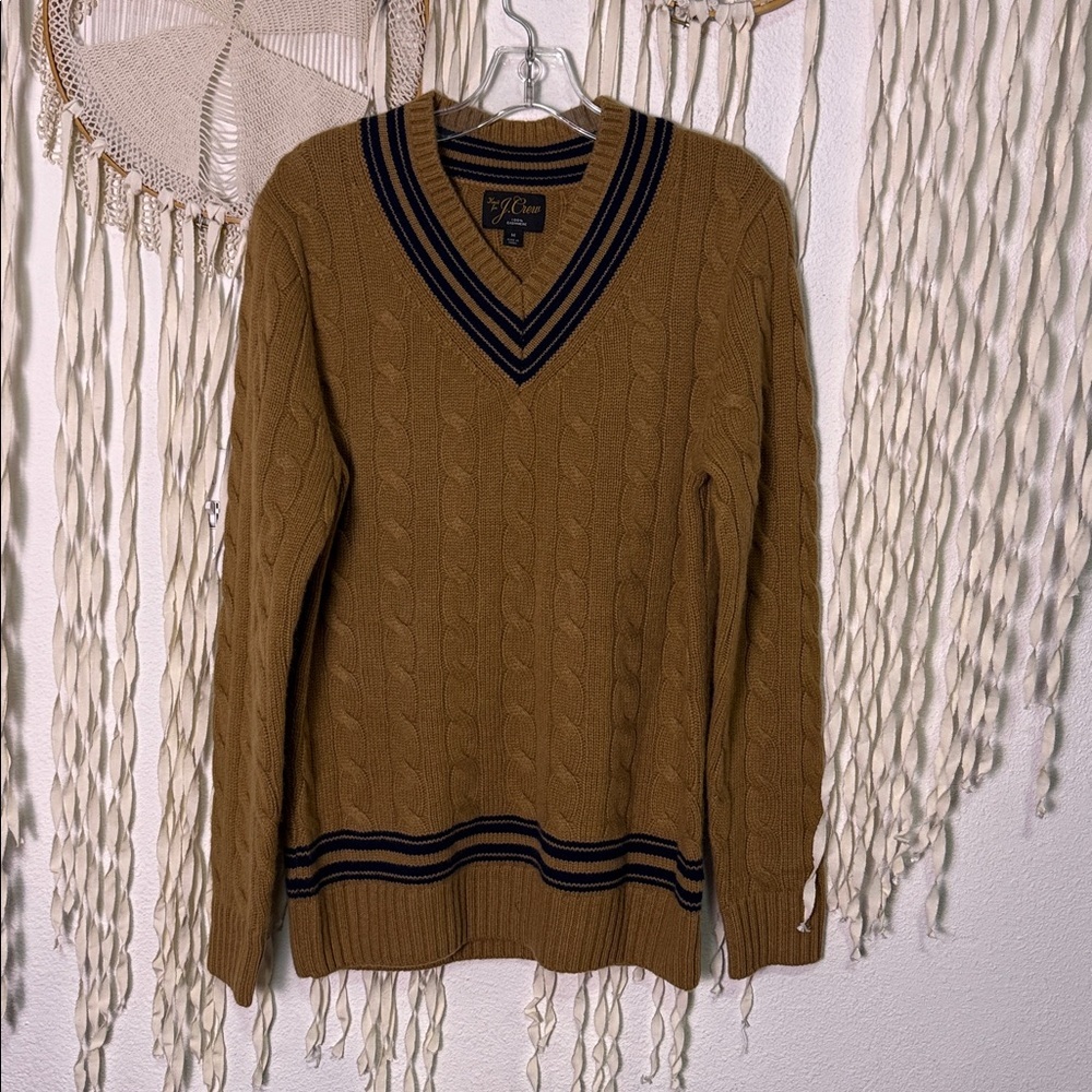 Men's Knit For J. Crew Camel Color Cashmere V-Neck Sweater with Navy Trim Accent